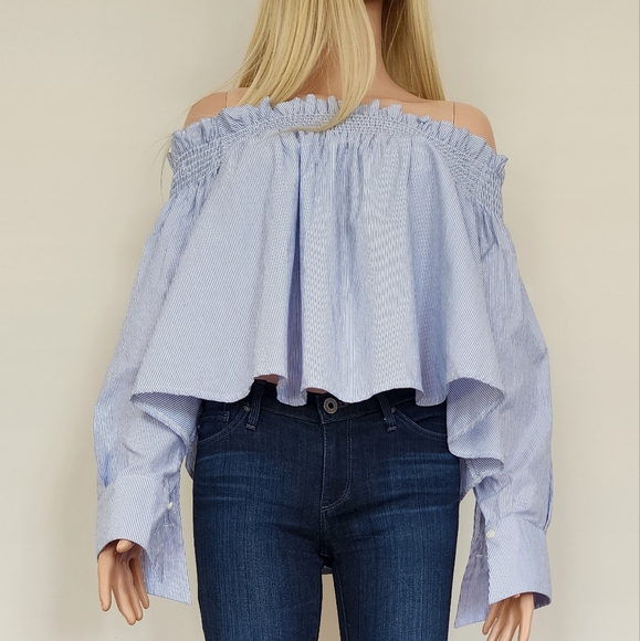 STORETS PINSTRIPE BLUE WHITE SMOCKING OFF THE SHOULDER FLOWY SHIRT TOP ONE SIZE - Picture 2 of 16